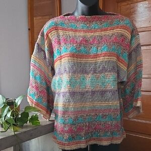 Vintage 80s Semi-Sheer Pastel Chenille Loose Knit Boatneck Poncho Sweater Medium